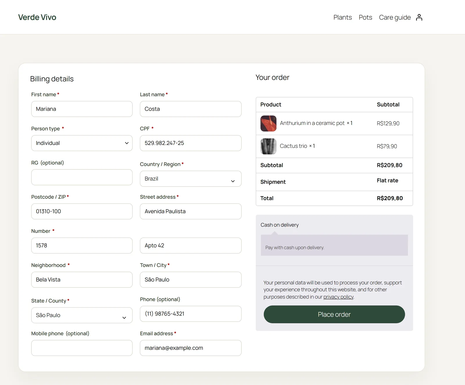 Brazilian billing form in the classic WooCommerce checkout: person type, CPF, CEP first, number and neighborhood