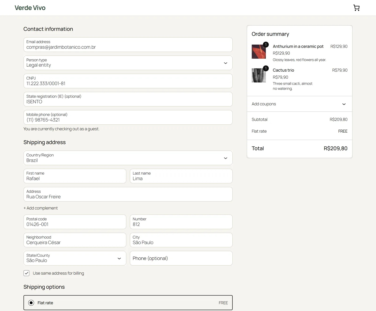 The same Brazilian fields in the WooCommerce Checkout block, for a legal entity
