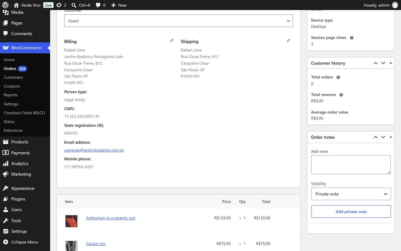 Admin order screen with the fields, editable