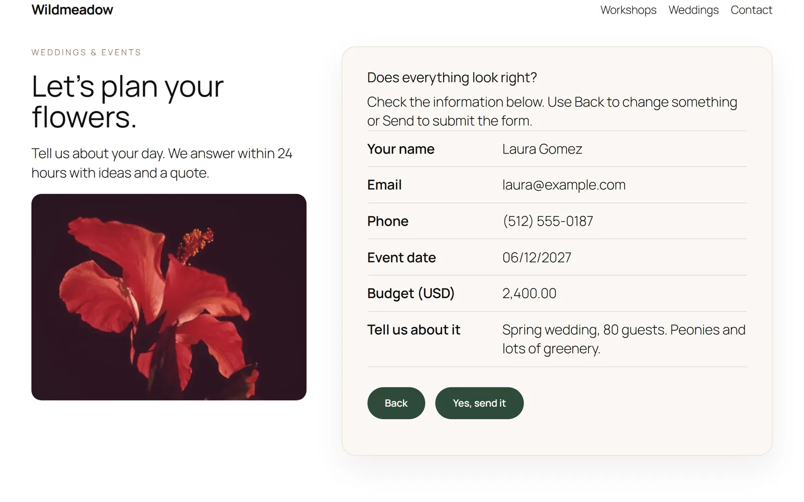 A Contact Form 7 form replaced by a summary of the typed values with Back and Send buttons