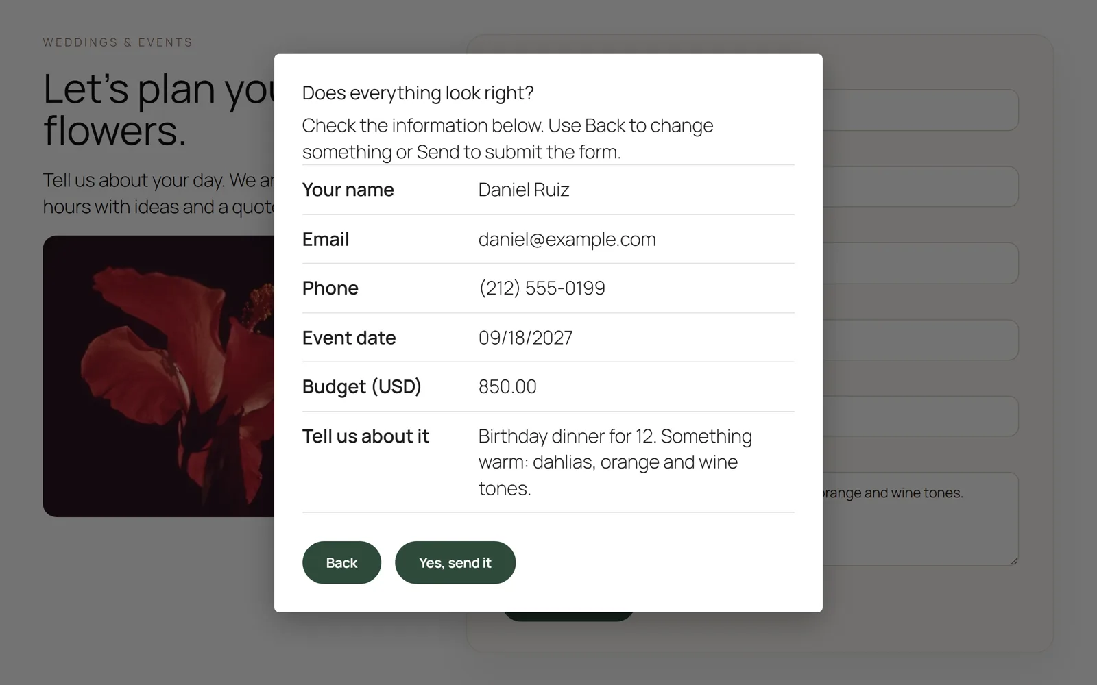 The confirmation screen shown as a pop-up over the page