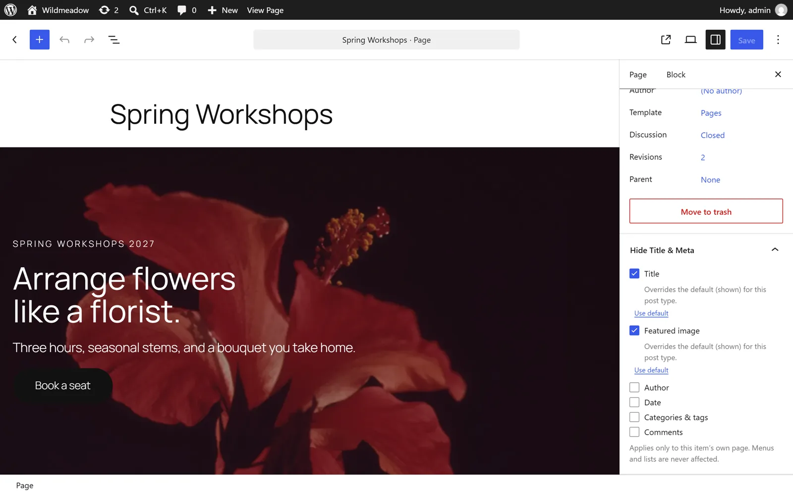 The Hide Title & Meta panel in the WordPress block editor sidebar, with one checkbox per element