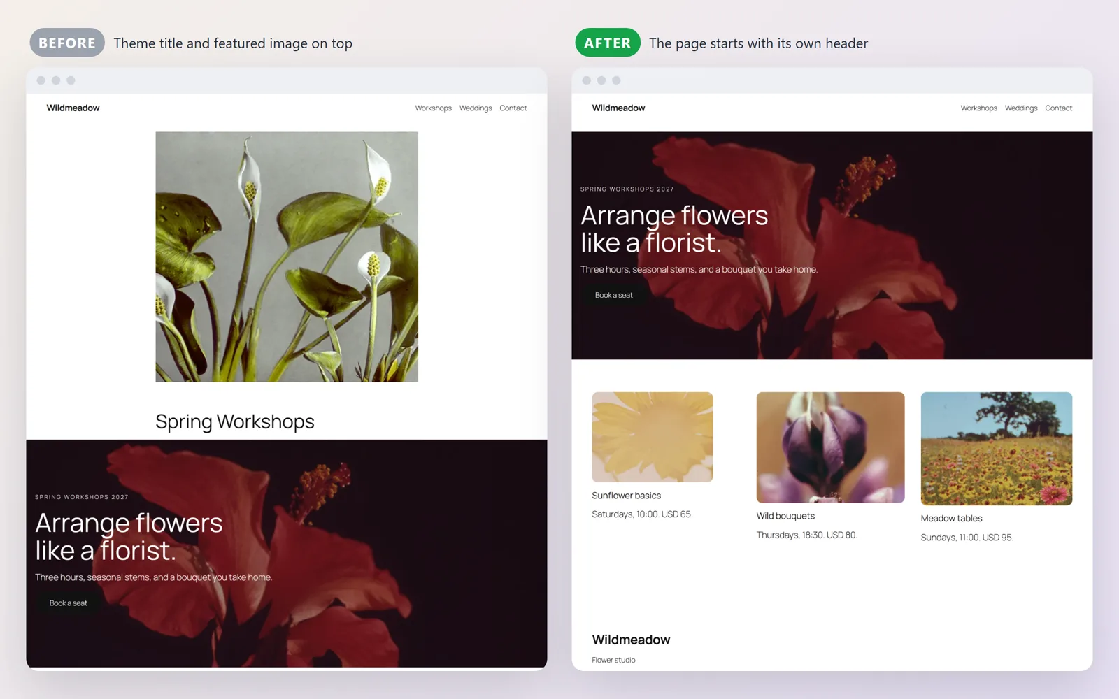 The same page before and after: the theme title and featured image above the header are gone, the menu still shows the page