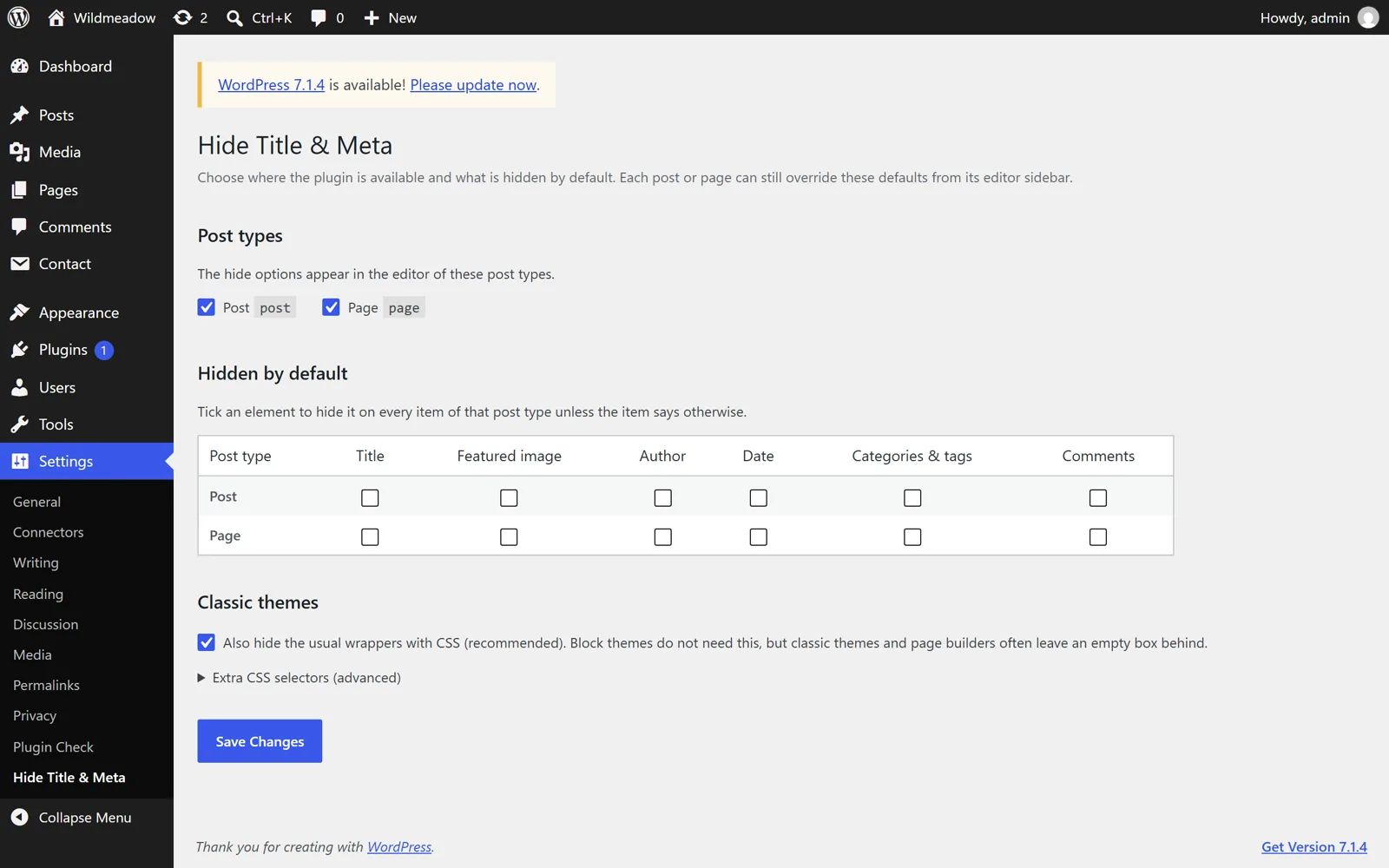 Settings page: post types, defaults per post type and the CSS fallback