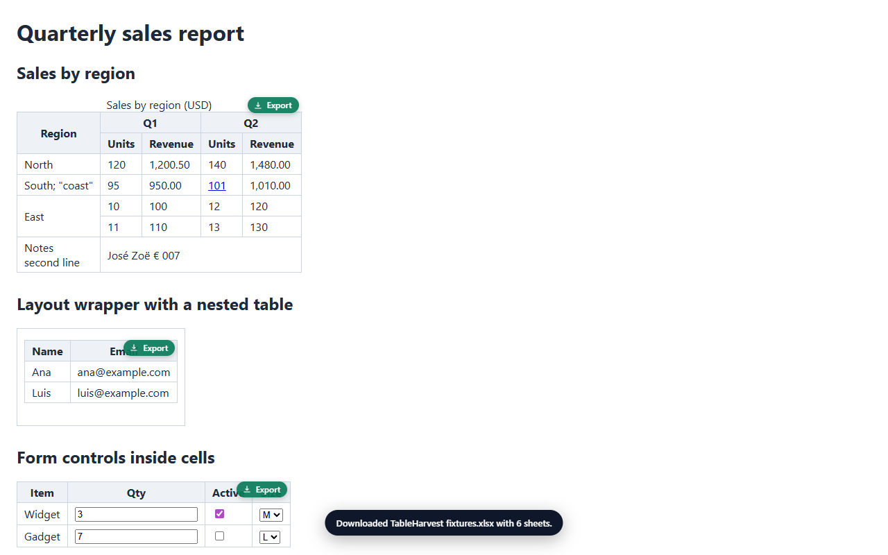 Export badges on each table of a page