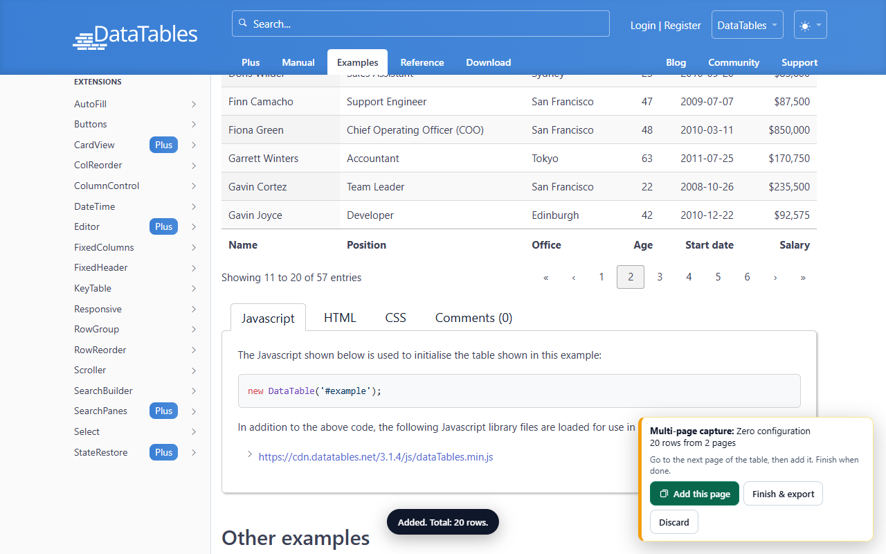 Multi-page capture collecting rows from several pages