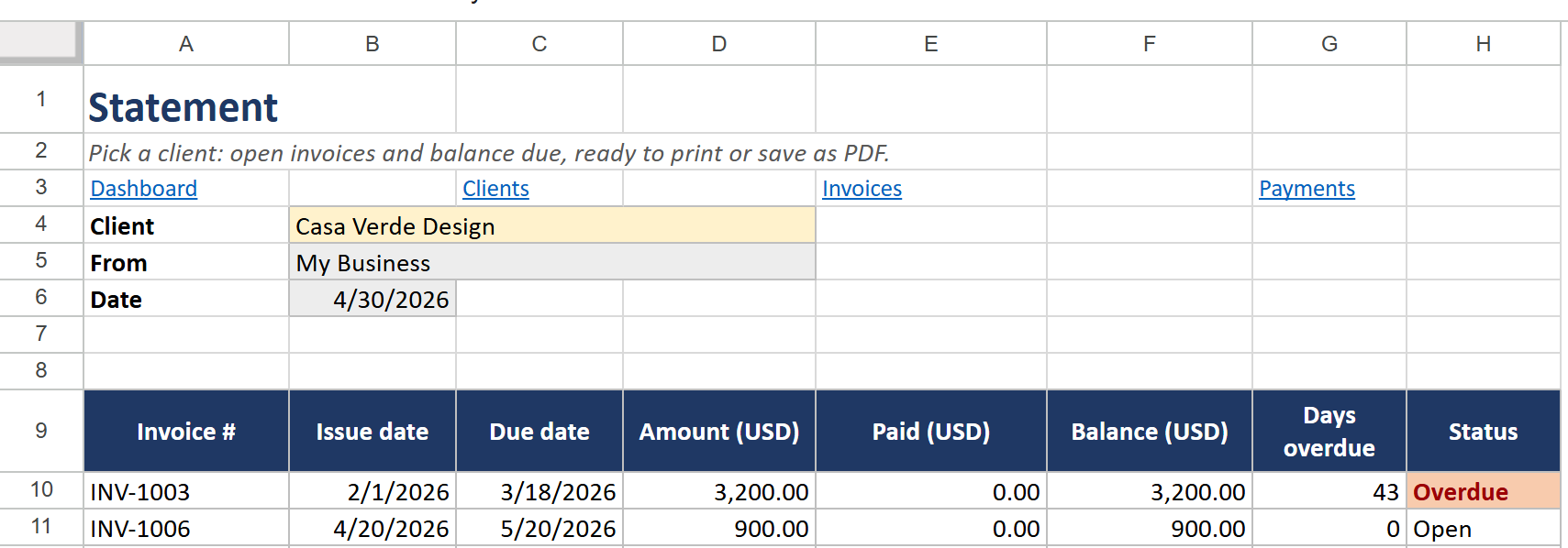 Statement sheet: pick a client and get their open invoices with due dates, balance, days overdue and status, ready to print or save as PDF